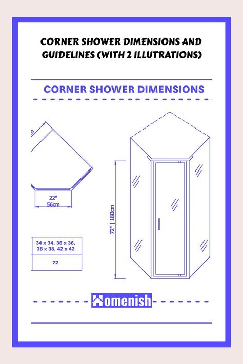 You can easily find corner showers in 34 x 34″, 36 x 36″, 38 x 38″, and 42 x 42″ on the market. For spacious areas, the recommended choice is 42″ adnd their typical height is 72″. Corner Shower Dimensions, Corner Showers, Glass Corner Shower, Shower Dimensions, One Piece Shower, Lack Shelf, Bathrooms Ideas, Corner Shower Enclosures, Shower Sizes