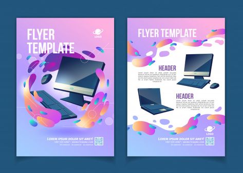 Computers trading company, innovative it... | Free Vector #Freepik #freevector #freebanner #freebrochure #freeflyer #freeposter Electronics Illustration, Banner Cartoon, Promo Flyer, Advertising Flyers, Computer Repair Services, Brochure Design Layout, Mouse Illustration, Leaflet Design, Brochure Layout