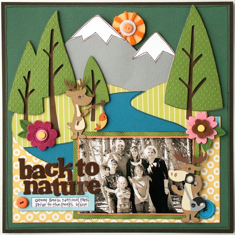 Cricut Back to Nature layout by Jana Eubanks -- Love this and hope to find a picture to use to make a similar layout! Nature Scrapbook, Camping Scrapbook, Vacation Scrapbook, Summer Scrapbook, Scrapbook Sketches, Scrapbook Page Layouts, Baby Scrapbook, Back To Nature, Travel Scrapbook