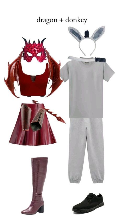 Dragon And Donkey Halloween Costume, Shrek Couples Costume, Donkey And Dragon Couple Costume, Donkey And Dragon Costume, Shrek And Donkey Costume, Shrek Dragon Costume, Shrek Donkey Costume, Shrek Costume Ideas, Dragon From Shrek