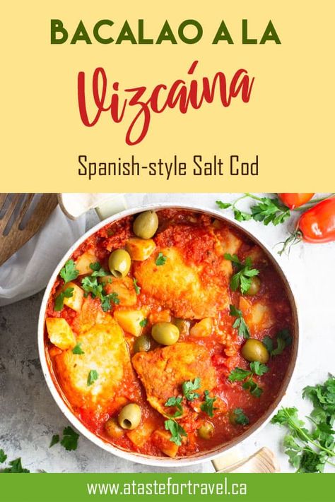 This recipe makes a delicious salt cod dish from the Basque Region of Spain. Bacalao a la Vizcaina is also a popular holiday dish enjoyed in Guatemala, El Salvador, Mexico and Spain during Semana Santa, Christmas and New Year's #Navidad #fish #Easter #Mexico #guatemala Salvadorian Recipes, Bacalao Recipe, Cod Stew, America Recipes, Basque Region, Cod Dishes, Spanish Recipes, Spain Food, Cod Recipes