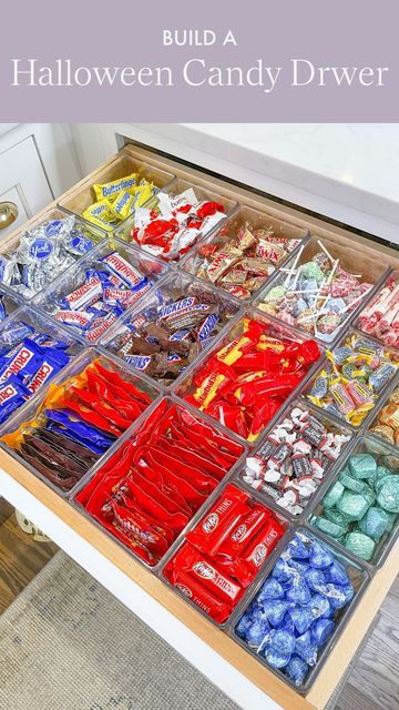 Horderly on Instagram: "It’s spooky season 🎃 So many of our clients have told us that the process of categorizing before organizing reminds them of organizing their Halloween candy as kids. 🍬 If you’re looking for a fun Halloween activity to do with your kids, consider setting up a festive Halloween drawer at your home! Do you have an organized candy drawer at home? We’d love to see pictures! 🍬🍬 #HalloweenCandy #Organization #HappyHalloween #CandyOrganization #TheContainerStore #OrganizedLif Organized Candy Drawer, Nightstand Candy Storage, Snack Set Up, Bedroom Food Storage Ideas, Organized Snack Drawer, Snack Bar Organization, Candy Organization Storage, Candy Storage Ideas Organizing, Candy Drawer Organization