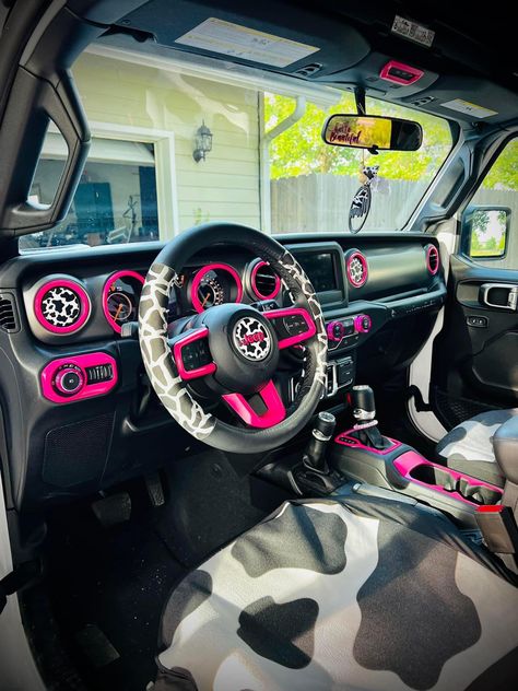 Cow Jeep Wrangler, Cow Print Jeep Wrangler, Jeep Dashboard Ideas, White Jeep Pink Accents, Jeep Interior Aesthetic, Jeep Wrangler Accessories For Women, Jeep Wrangler Interior Ideas, Jeep Wrangler Aesthetic, Jeep Wrangler Girly