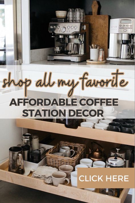 Here are a few ideas of beautiful ways you can decorate your coffee bar to make your kitchen really pop with this aesthetic coffee bar decor. Even if you have a small countertop you can still use these coffee bar essentials. Click this pin to shop all my favorite coffee station decor linked in the LTK app Coffee Bar Ideas. Coffee Bar Ideas Kitchen Counter. Aesthetic Coffee Bar. #coffeeaesthetic #coffeelovers #coffeebardecor #coffeebardesign #aestheticcoffee #coffeebar #coffeebardecor Coffee Station At Work Offices, Cottagecore Coffee Bar, Coffee Bar In Living Room, Kitchen Counter Aesthetic, Coffee And Tea Bar Ideas, Coffee Wine Bar Ideas, Counter Aesthetic, Coffee/wine Bar Ideas, Coffee Tray Ideas