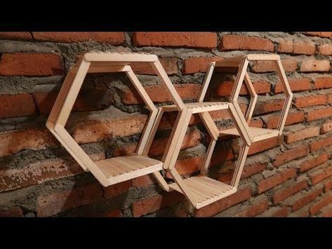 Wood Stick Craft, Wall Decor With Popsicle Sticks, Diy Craft For Wall Decor, Wall Decor Popsicle Sticks, Things To Do With Craft Sticks, Sticks Arts And Crafts, Diy Hexagon Shelves Cardboard, Diy Hexagon Shelves Popsicle Sticks, Popsicle Shelf Diy