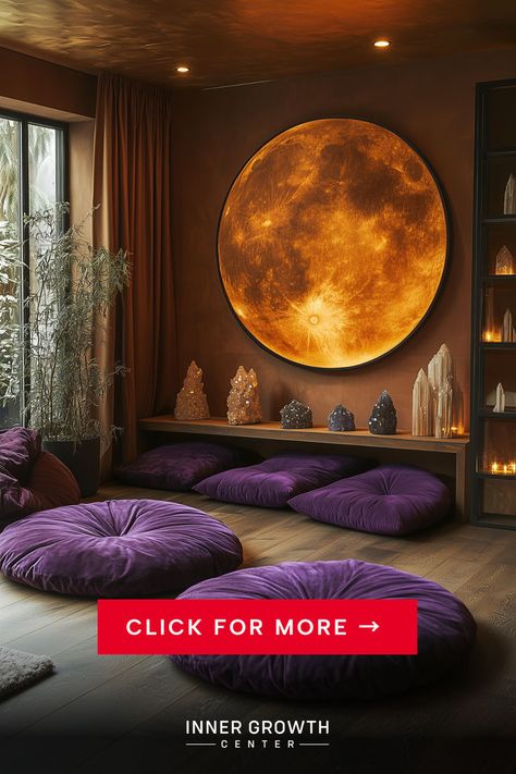 A meditation room with an illuminated amber moon art piece, purple floor cushions, crystal displays, and bamboo plants against chocolate brown walls Astrology Aesthetic Room Decor, Astrology Bedroom Aesthetic, Astrology Bedroom, Astrology Room, Astrology Decor, Zodiac Energy, Astrology Aesthetic, Amber Moon, Magical Room