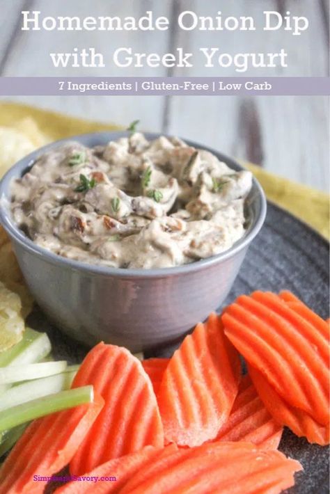 Homemade onion dip recipe is made with caramelized onions and Greek yogurt. It's an easy and healthy recipe. #partydip #healthydip #oniondip Homemade Onion Dip, Hummus Appetizers, Best Greek Yogurt, Gluten Free Recipes Appetizers, Onion Dip Recipe, Caramelized Onion Dip, Healthy Dips, Onion Dip, Caramelized Onion