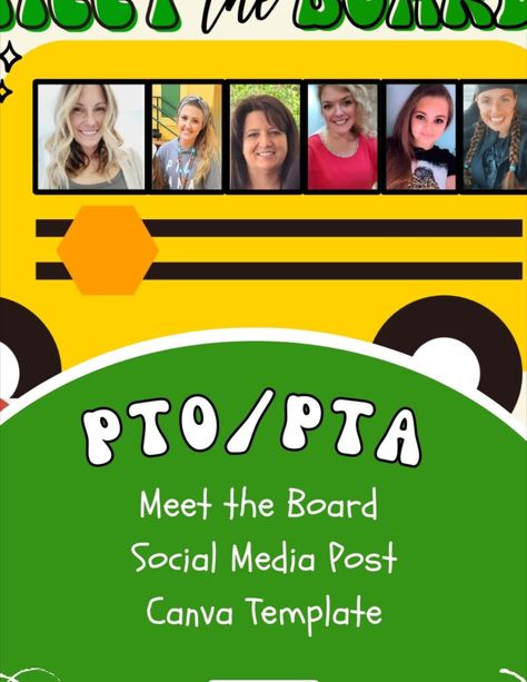 This template will make an amazing introduction for your PTO/PTA board! This template is ready for you to quickly add your groups photos and info. Letting your group know more about the board helps establish relationships early, which can lead to greater growth and participation of your members! This template includes a group meet the board and individuals. It includes three different design options to choose what fits best for your group. Pto Board Introduction, Pta Board, Pto Board, Pta School, Picture Boards, Facebook Cover Photos, Facebook Cover, A Group, Social Media Post