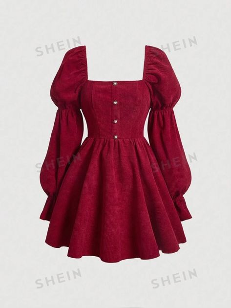 SHEIN MOD Square Neck Flare Sleeve Corduroy Dress | SHEIN USA Little Red Dress, Corduroy Dress, Flared Sleeves, Dress P, Square Neck, Red Dress, Square, Red, Dresses