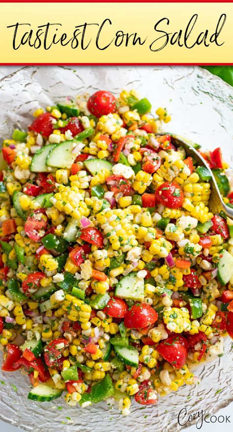 corn salad with corn, cucumber, tomatoes, peppers, and more. Salad With Barbecue, Hot Honey Corn Salad, Easy Grilling Sides Dishes, Corn Salad For Bbq, Best Sides For A Cookout, Side Recipes For Bbq, Sides To Take To A Bbq, Fresh Bbq Sides, Dressing For Corn Salad