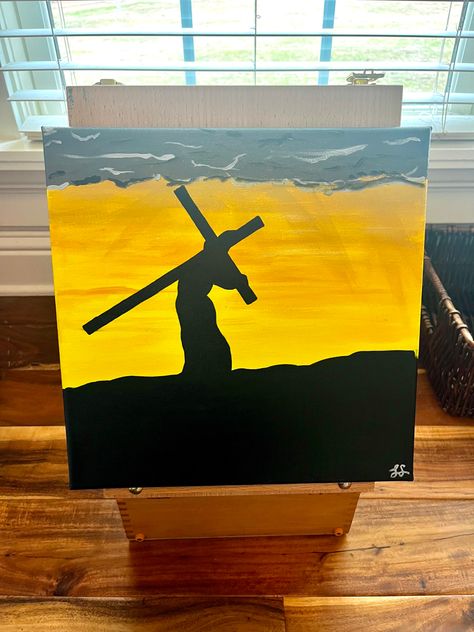 Christian Art Painting Simple, Easy Christian Painting, Christian Paintings On Canvas Easy, Jesus Painting Easy, Canvas Painting Sunset, Cross Canvas Paintings, Jesus Carrying The Cross, Christian Art Painting, Christian Canvas Paintings