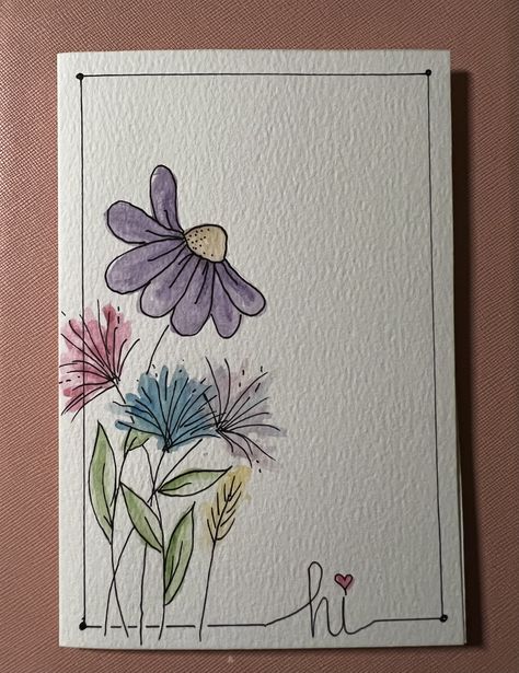 Watercolor Birthday Cards Flowers, Brushpen Art For Beginners, Watercolor Ink Flowers, Watercolor Thank You Cards Diy Simple, Painting Cards Ideas, Watercolor Crayons Ideas, Water Colour Card Ideas, Hand Painted Cards Ideas Simple, Watercolor Greeting Card Ideas