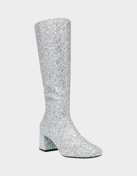 SB-MITZI SILVER | Sparkly Glitter Boot – Betsey Johnson Narrow Calf Boots, Sparkle Boots, Leopard Print Bow, Glitter Boots, Popular Handbags, Betsey Johnson Shoes, Rhinestone Heels, Bow Heels, Satin Heels