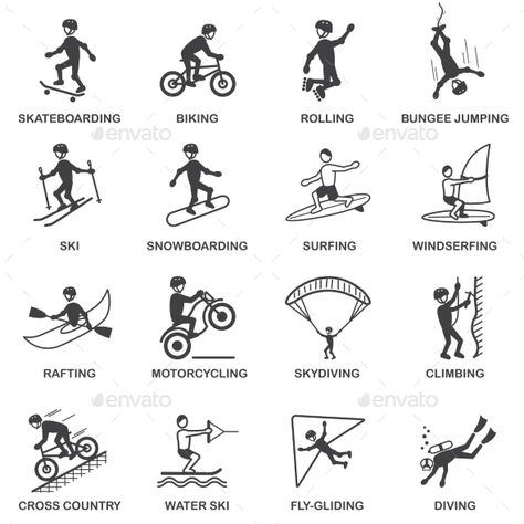 Extreme Sports Icons Set Disney Movies List, Sport Tattoos, Doodle Wall, Ad Sports, Urban Intervention, Bungee Jumping, Sport Icon, Sports Graphic Design, Skydiving