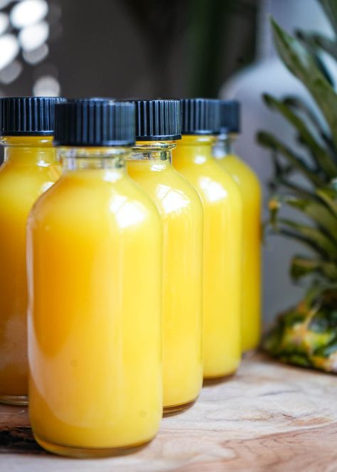 wellness shots made with ginger turmeric pineapple coconut water lemongrass Wellness Shots For Gut Health, Pineapple Coconut Water, Food Baddie, Diy Juice, Juice Jar, Turmeric Juice, Large Mason Jars, Energy Shots, Wellness Shots