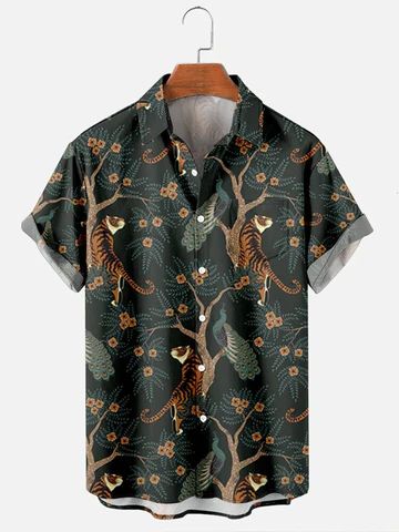 Tiger Shirt, Mens Hawaiian Shirts, Tiger Print, Floral Shirt, Shirt Collar, Sleeve Cotton, Hawaiian Shirt, Printed Shorts, Short Sleeve Shirt