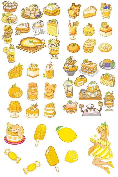 Journal Paper Design, Fashion Design Lessons, Yellow Desserts, Paper Design Ideas, Love Template, Desserts Drawing, Draw Food, Chibi Food, Food Doodles