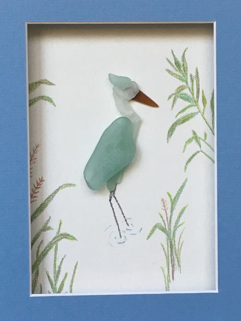 Blue Heron... Sea glass and pebble artwork by Michele Zampella #capecreationsmz Sea Glass And Wire Art, Sea Glass Art Birds, Sea Glass Fish, Cat Sea Glass Art, Diy Sea Glass Art, Beach Glass Art Diy, Sea Glass Art Ideas, Glass Art Diy, Sea Glass Pictures