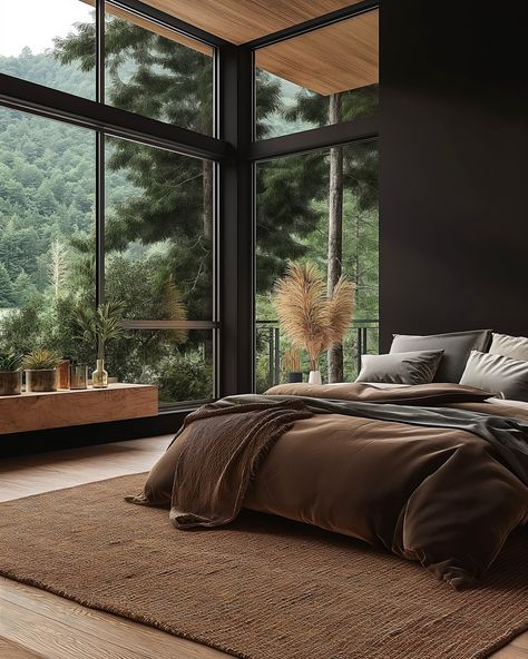 Dark Natural Bedroom, Dark Scandinavian Interior, Modern Mediterranean Bedroom, Dark Scandinavian, Mediterranean Bedroom, Mountain Dream Homes, Bedroom Dark, Natural Bedroom, Earthy Home