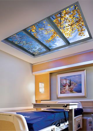 Virtual Skylight, Interior Design Blogs, Sky Ceiling, Fake Window, Digital Cinema, Faux Window, Ceiling Murals, Hospital Interior, Hospital Room