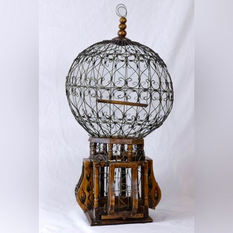 20th Century Victorian Style Wood And Iron "Balloon' Hanging Bird Cage Excellent Condition Flaws: Glue Seam By The Door Hanging Bird Cage, Bird Cage, Victorian Style, Victorian Fashion, The Door, Shop House, 20th Century, Black And Brown, Glue