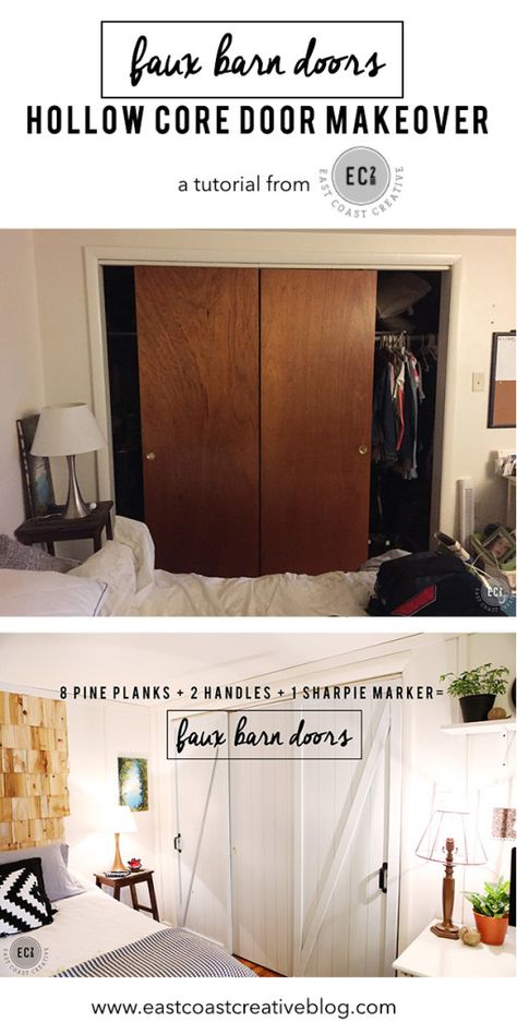 DIY Faux Barn Doors:  Hollow Core Door Makeover from East Coast Creative! Fixer Upper Style Bedroom, Hollow Core Door Makeover, Farmhouse Makeover, Bedroom Closet Doors, Door Makeover Diy, Closet Door Makeover, Hollow Core Doors, Sliding Closet, Sliding Closet Doors