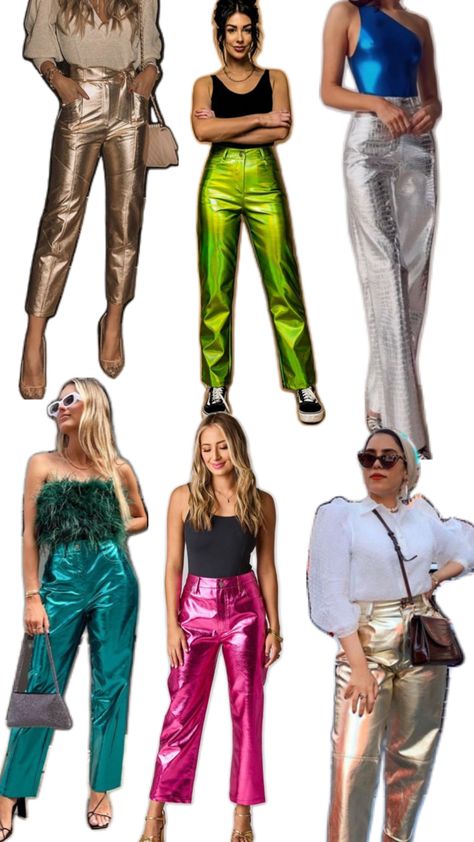 Metallic Pants Metallic Green Pants Outfit, Green Pants Outfit, Gold Jeans, Metallic Pants, Green Pants, Pants Outfit, Style Me, Wardrobe, Drawings