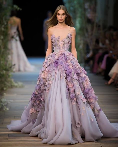 All Posts • Instagram Haute Couture Prom Dress, Purple Floral Gown, Formal Flower Dress, Dresses That Look Like Flowers, Lavender Dress Formal, Flowy Purple Dress, Flower Runway, Lavender Clothes, Flower Prom Dresses