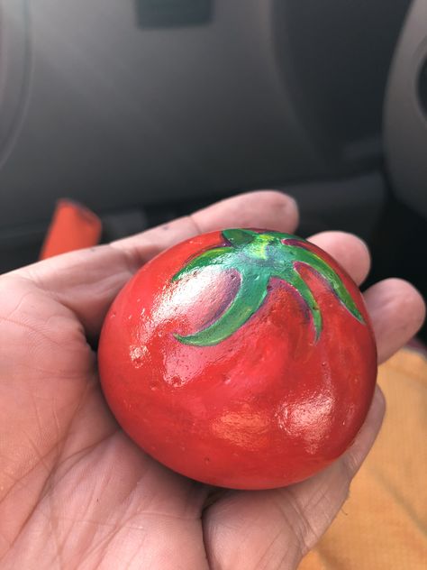 Tomato rock Tomato Rock Painting, Tomato Painted Rock, Red Rock Painting, Round Rock Painting Ideas, Fruit Art Drawings, Ladybug Rocks, Eco Crafts, Diy Rock Art, Painted Rock Animals