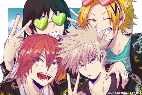 BakuSquad Sero Hanta Kaminari Denki Bakugou Katsuki Kirishima Eijirou Boku no Hero Academia BNHA MHA Bakugo Squad, Baku Squad, Hanta Sero, Kaminari Denki, Kirishima Eijirou, My Hero Academia Memes, Buko No Hero Academia, Hero Academia Characters, Boku No Hero