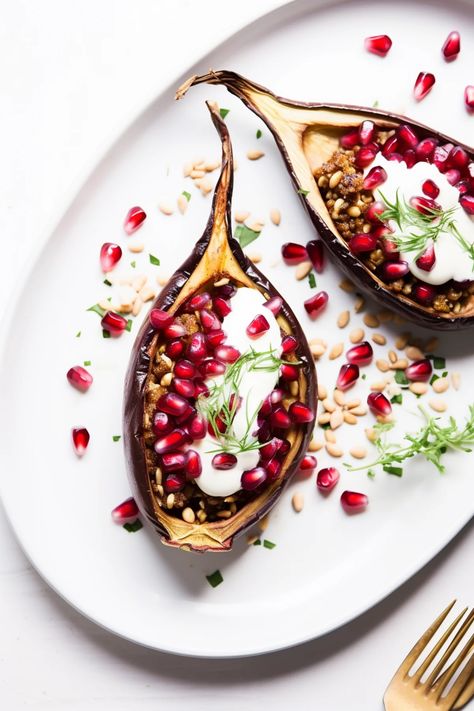 Stuffed Eggplant with Lentils, Walnuts, and Pomegranate Molasses - Cooking Mediterranean Grape Molasses Recipes, Stuffed Vegetables, Molasses Recipes, Grape Nuts, Stuffed Eggplant, Pomegranate Molasses, Hearty Dinner, Eggplant Recipes, Mediterranean Diet Recipes