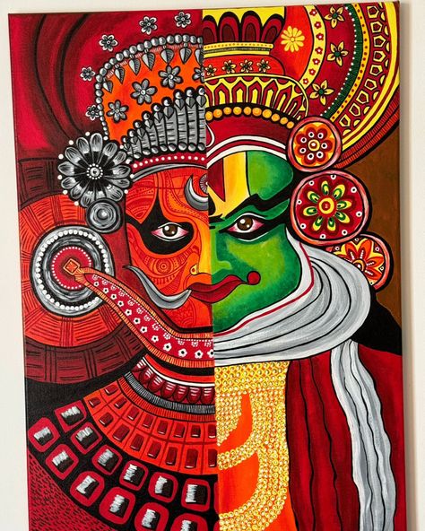 Kathakali Theyyam painting 🎨 #artoftheday #paintandpaperrp #keralaart #sketching #acrylicpainting Kathakali Painting Acrylic, Onam Theme, Theyyam Painting, Kathakali Painting, Painting Acrylic Easy, Kathakali Face, Side Drawing, Marriage Jewellery, Painting Easy