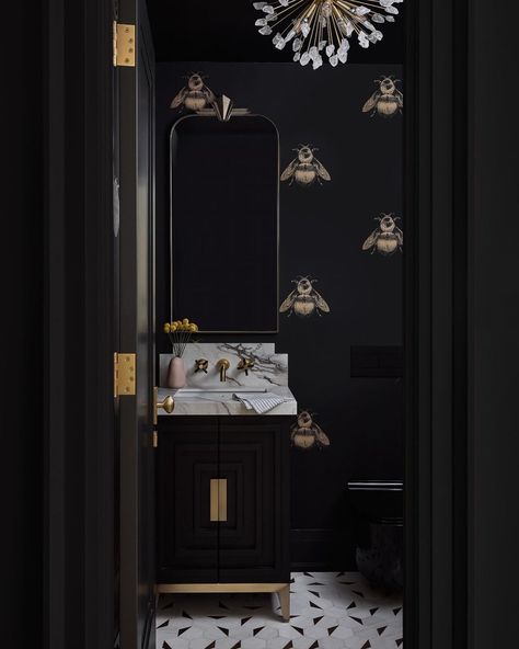 Moody Powder Room, Napoleon Bee, Black Bathroom Ideas, Black Powder Room, Elegant Powder Room, Bee Wallpaper, Wallpaper Powder Room, Wallpaper In Black, Black Bathtub