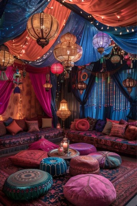 Colourful Bohemian Decor, Floor Pillow Aesthetic, Colorful Boho Decor Living Room, Bohemian Lounge Decor, Colourful Conservatory Decor, Fabric Ceiling Bedroom, Colourful Conservatory, Pillows On Floor, Colourful Lounge