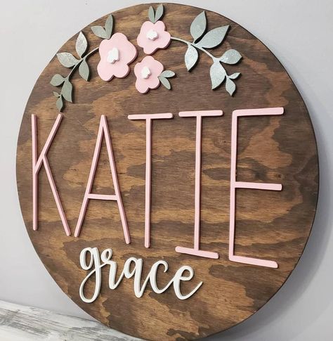 Baby Girl Name Signs, Nursery Floral, Baby Door, White Baby Showers, Wood Name Sign, Wood Names, Wood Circles, Floral Nursery, Baby Name Signs