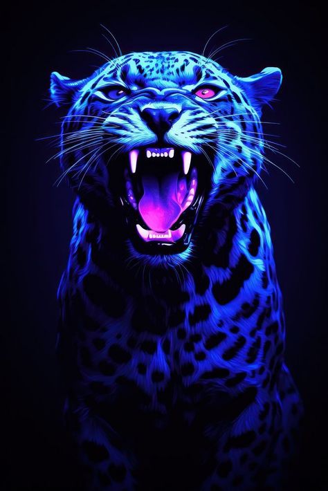 Illustration roaring leopard neon rim light wildlife portrait animal. | premium image by rawpixel.com / Kappy Animal Roaring, Glowing Animals, Animal Horror, Jaguar Head, Cats Family, Cheetah Print Wallpaper, Animal Body Parts, Portrait Animal, Rim Light