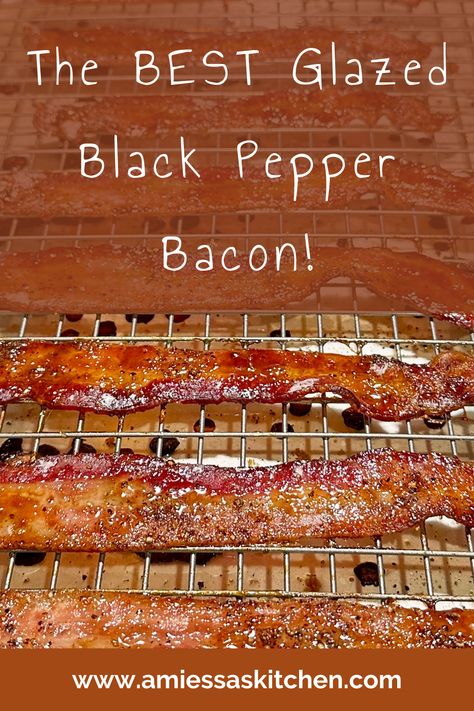 Tasty Bacon! A touch of brown sugar adds a sweet crisp glaze, and goes well with the fresh cracked black pepper.  Easy oven-baked recipe! Black Pepper Bacon, Pepper Bacon, Baked Recipe, Homemade Bacon, Thick Cut Bacon, Garlic Aioli, Aluminum Pans, Easy Oven, Bacon Grease