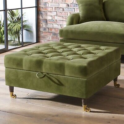 Olive Green Velvet Buttoned Ottoman Storage Footstool - Payton PAY043 | eBay Green Chesterfield, Blue Velvet Loveseat, Footstool With Storage, Blue Velvet Armchair, Floor To Ceiling Bookshelves, Large Footstools, Olive Green Velvet, Velvet Footstool, Upholstered Footstool