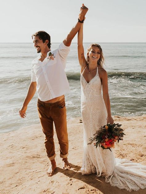 Elegant Lace Halter Backless V-Neck Floor-length Mermaid Wedding Dress WD383 – BohoProm Beach Wedding Groom Attire, Beach Wedding Groom, Groom Wedding Attire, Modest Wedding Dress, Hawaii Elopement, Elopement Dress, Occasion Dresses Wedding, Modest Wedding, Elopement Ideas