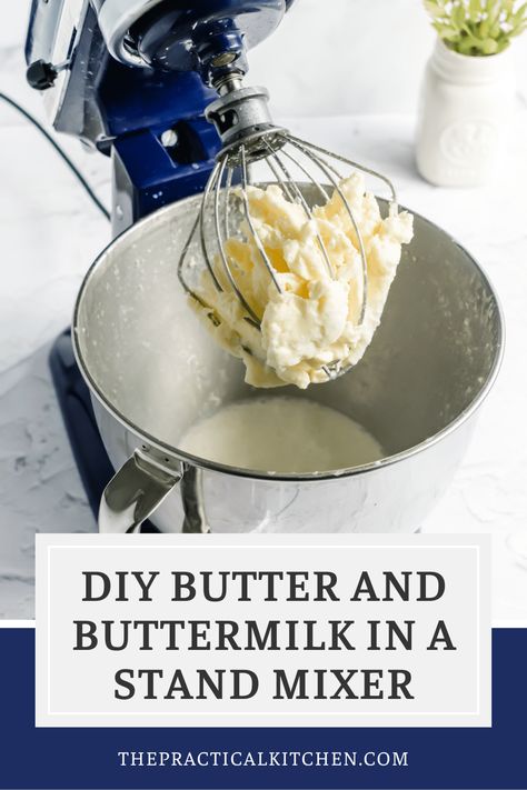 Got leftover heavy cream? Throw it in your stand mixer bowl and whisk it on high until it separates into butter and buttermilk. Stand mixer butter is so easy to make and a great way to not let food go to waste. Spread your homemade butter on toast, veggies, and more! You can use the homemade buttermilk in your favorite baked goods, too. The Practical Kitchen, Butter On Toast, Diy Stand, Diy Butter, Butter Recipes Homemade, Mixer Recipes, Making Butter, Cream Throw, Homemade Buttermilk