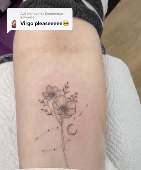 Virgo Flower Tattoo, Tattoo Virgo, Virgo Flower, Virgo Constellation Tattoo, Virgo Tattoo, Zodiac Tattoo, Constellation Tattoos, Arm Tattoos For Women, Arm Tattoos