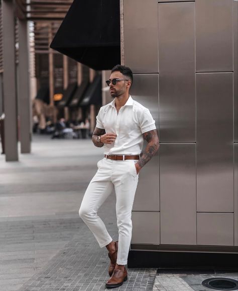 All White Cocktail Party Outfit Men, Mens White Button Down Outfit, White Semi Formal Outfit Men, White Party Outfit Men, All White Mens Outfit, All White Party Outfits, White Outfit For Men, Terno Slim Fit, Engagement Party Outfit