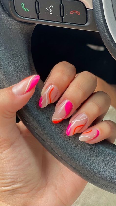 Hot Pink And Orange Almond Nails, Bright Nails Almond Shape, Dominican Republic Nails, Summer Nails Pink And Orange, Unghie Sfumate, Kutek Disney, Summery Nails, Casual Nails, Simple Acrylic Nails