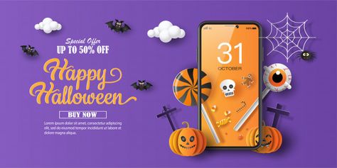 Halloween sale promotion banner with a d... | Premium Vector #Freepik #vector #halloween Halloween Ads Design, Halloween Promotion, 2d Game Background, Halloween Promotions, Halloween Social, Night Sky Painting, Halloween Templates, Holiday Banner, Happy October