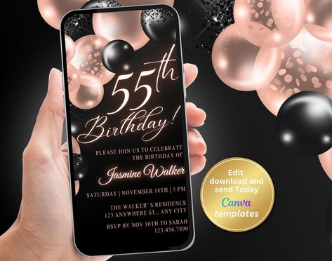 Digital 55th Birthday Invitation for Women, Black Rose Gold, Phone Text Message, Digital Invite, Editable Template, Instant Download 17. Geburtstag, Rose Gold Phone, Phone Text Message, Gold Phone, Rose Gold Invitations, 45th Birthday, 26th Birthday, 29th Birthday, 35th Birthday