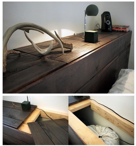 DIY ||      http://manmadediy.com/users/chris/posts/2925-weekend-project-how-to-build-a-rustic-headboard-with-built-in-hidden-storage Diy Storage Headboard, Country Headboard, Bed Designs With Storage, Iron Headboard, Headboard Projects, Pillow Storage, Rustic Headboard, Storage Headboard, Diy Headboards