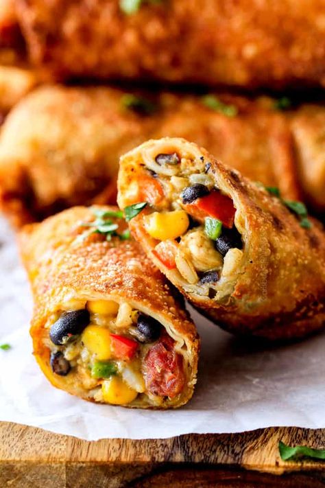 Crispy Baked or Fried Southwest Egg Rolls loaded with Mexican spiced chicken, beans, tomatoes, rice, avocado and melty cheese with Cilantro Lime Ranch Dip! Southwest Egg Rolls, Southwestern Egg Rolls, Egg Roll Recipe, Avocado Egg Rolls, Chicken Egg Rolls, Chicken Spring Rolls, Carlsbad Cravings, Southwest Chicken, Egg Roll Recipes