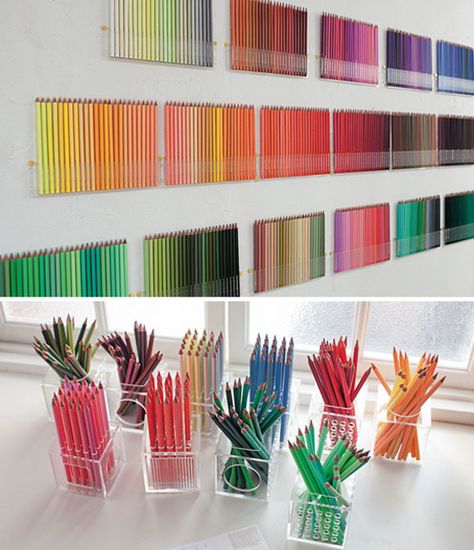 COLORED PENCIL DECOR. i think my office could use a makeover of this kind. and i may just have to do it. Pencil Decor, Pencil Collection, Pen Display, Vintage Boxes, Art Studio Design, Sunday Suppers, Wall Units, Oolong Tea, Pens And Pencils