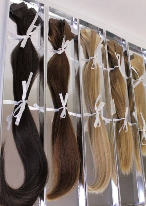 Hair Extensions Boutique, Hair Extensions Display, Hair Extension Packaging, Hair Extension Length Chart Bellami, Dread Hair Extensions, Hairstylist Branding, Wholesale Hair Extensions, Hair Extension Salon, Sew In Hair Extensions