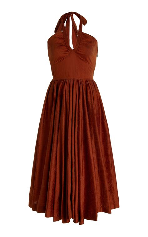 A classic cocktail dress in a radiant Brown hue. Material | Silk Dupioni. Dry Clean only Made in Los Angeles Items are made to order.  Please allow 4-8 weeks for items to ship. Item shown is Size 2 Model is 5'9 Styles that are available for “Pre-Order” will be charged at check out and fulfilled within the disclosed shi Classic Cocktail Dress, Bridesmaid Saree, Full Skirt Dress, Effortlessly Chic Outfits, Designer Evening Dresses, Grad Dresses, Silk Midi Dress, Virtual Closet, Dream Dress